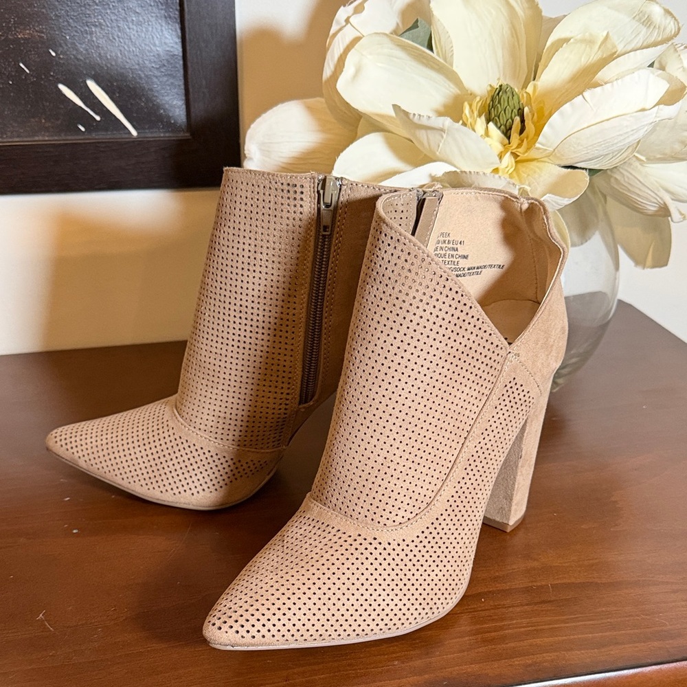 JustFab Tan Perforated Ankle Booties